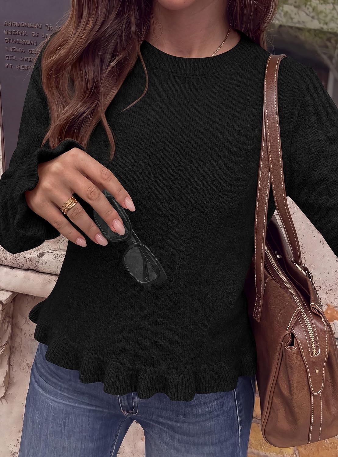 image:imagePRETTYGARDEN Womens Ruffle Sweaters Fall Fashion Cozy Knit PulloverBlack