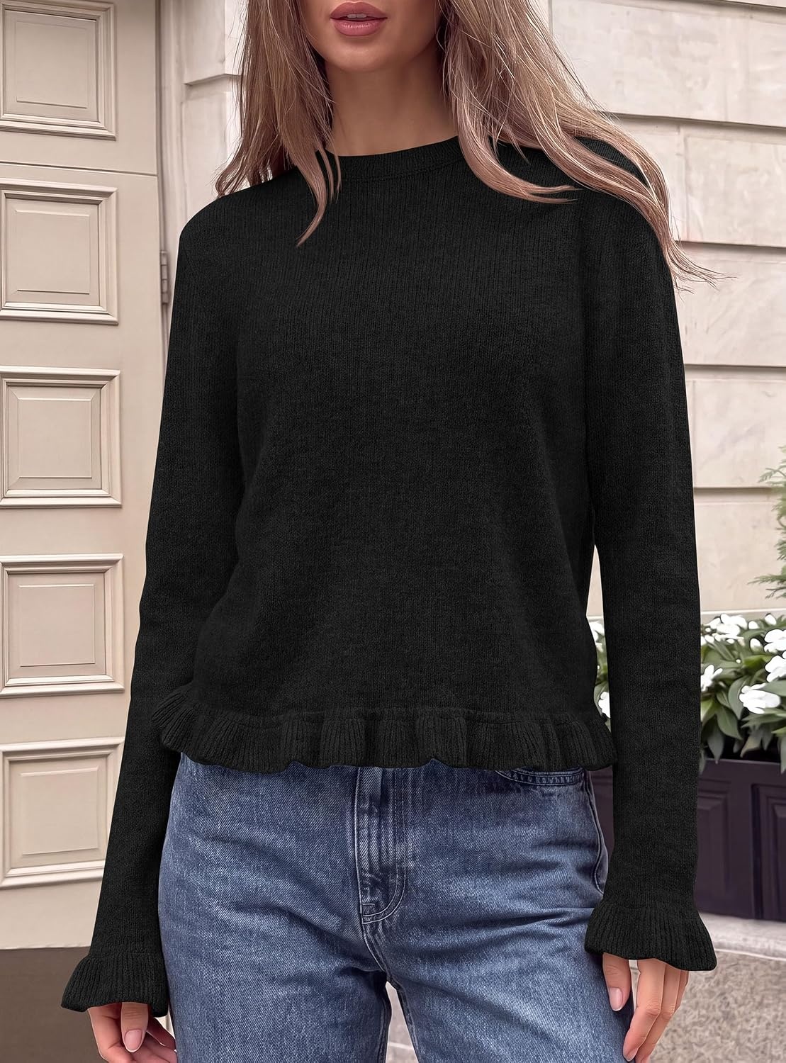 image:imagePRETTYGARDEN Womens Ruffle Sweaters Fall Fashion Cozy Knit PulloverBlack