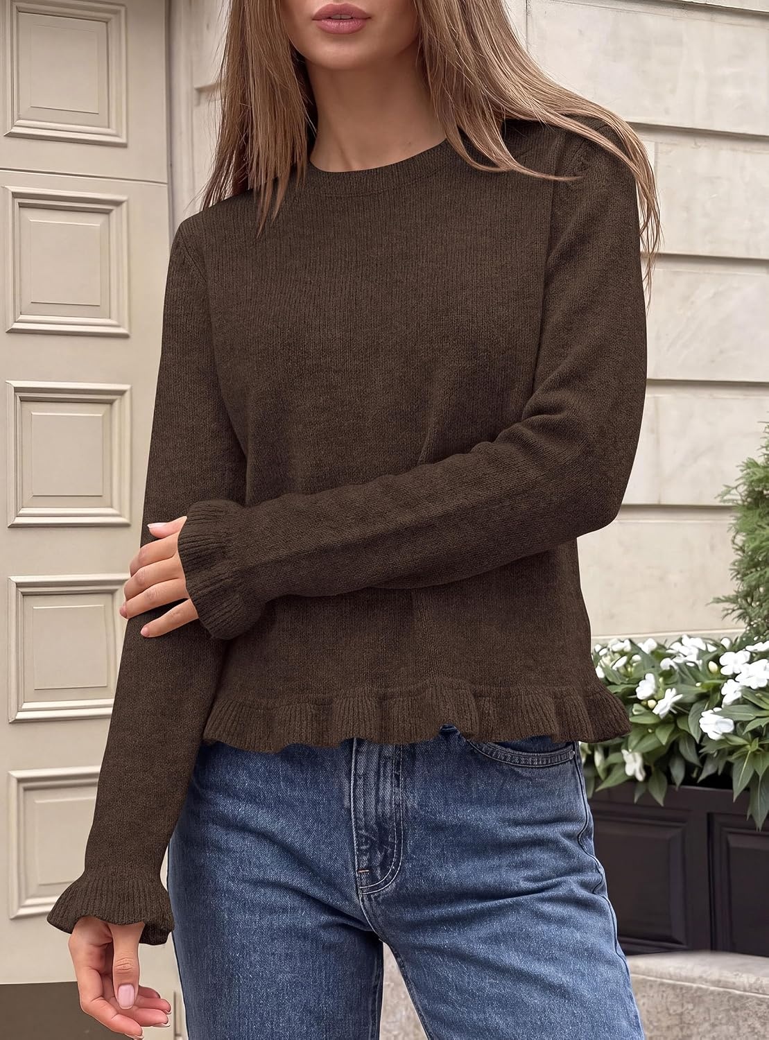 image:imagePRETTYGARDEN Womens Ruffle Sweaters Fall Fashion Cozy Knit PulloverBrown