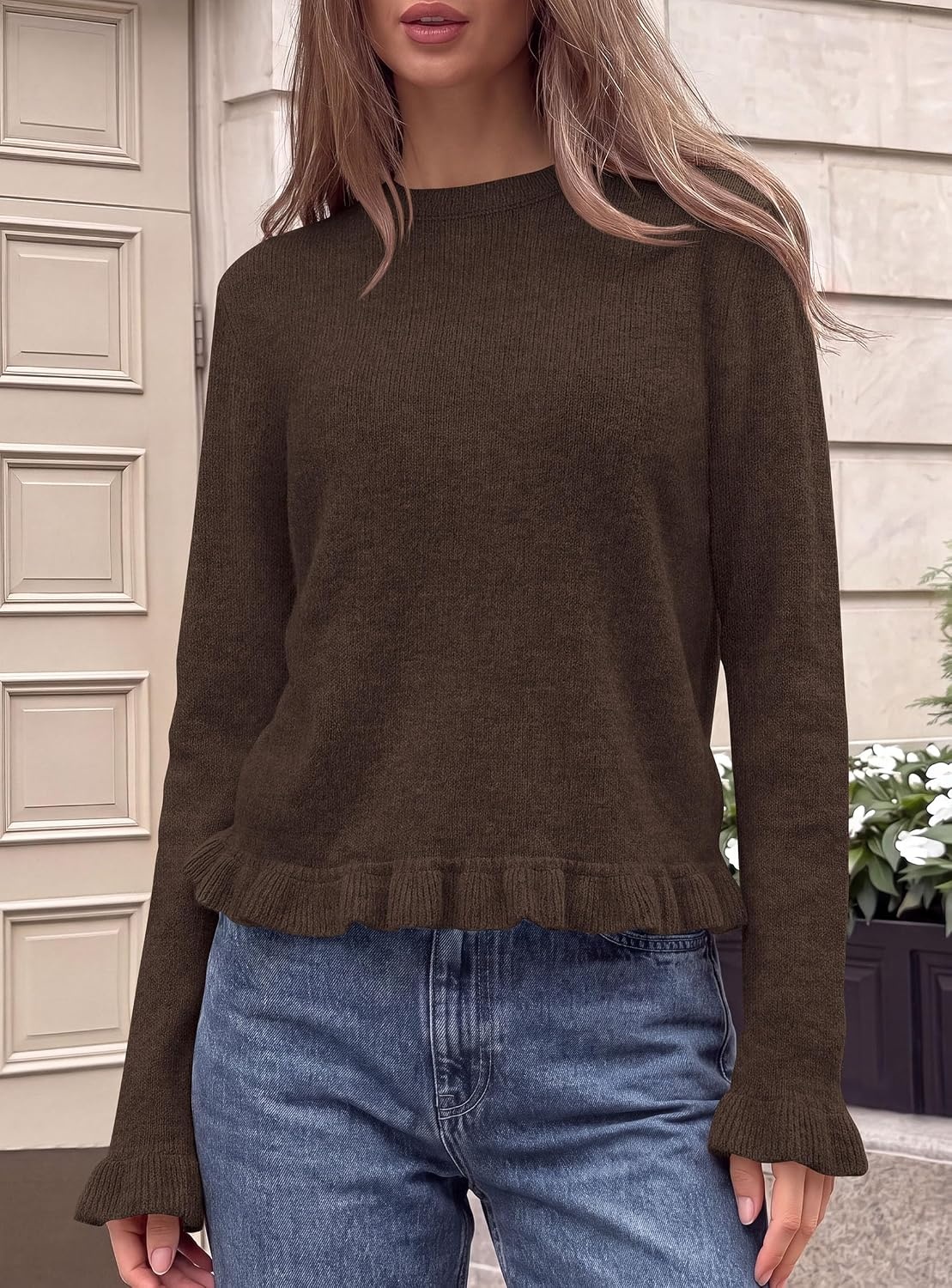 image:imagePRETTYGARDEN Womens Ruffle Sweaters Fall Fashion Cozy Knit PulloverBrown