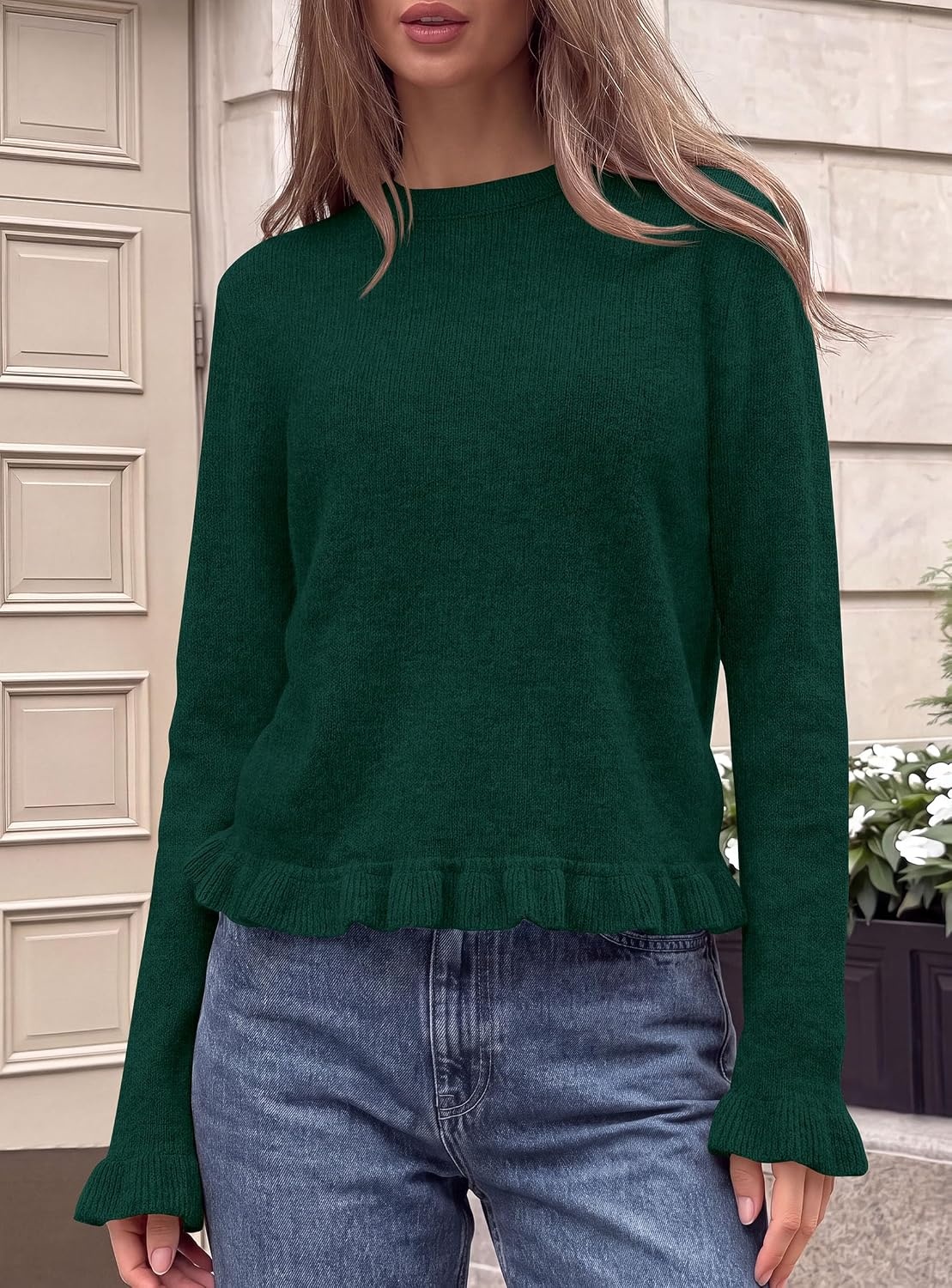 image:imagePRETTYGARDEN Womens Ruffle Sweaters Fall Fashion Cozy Knit PulloverDark Green