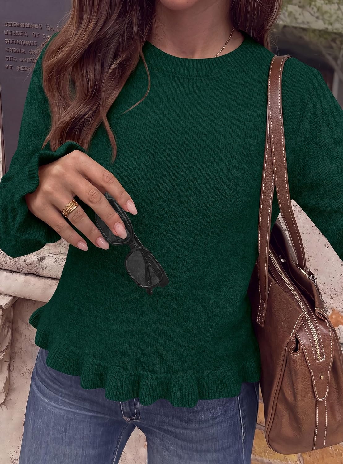 image:imagePRETTYGARDEN Womens Ruffle Sweaters Fall Fashion Cozy Knit PulloverDark Green