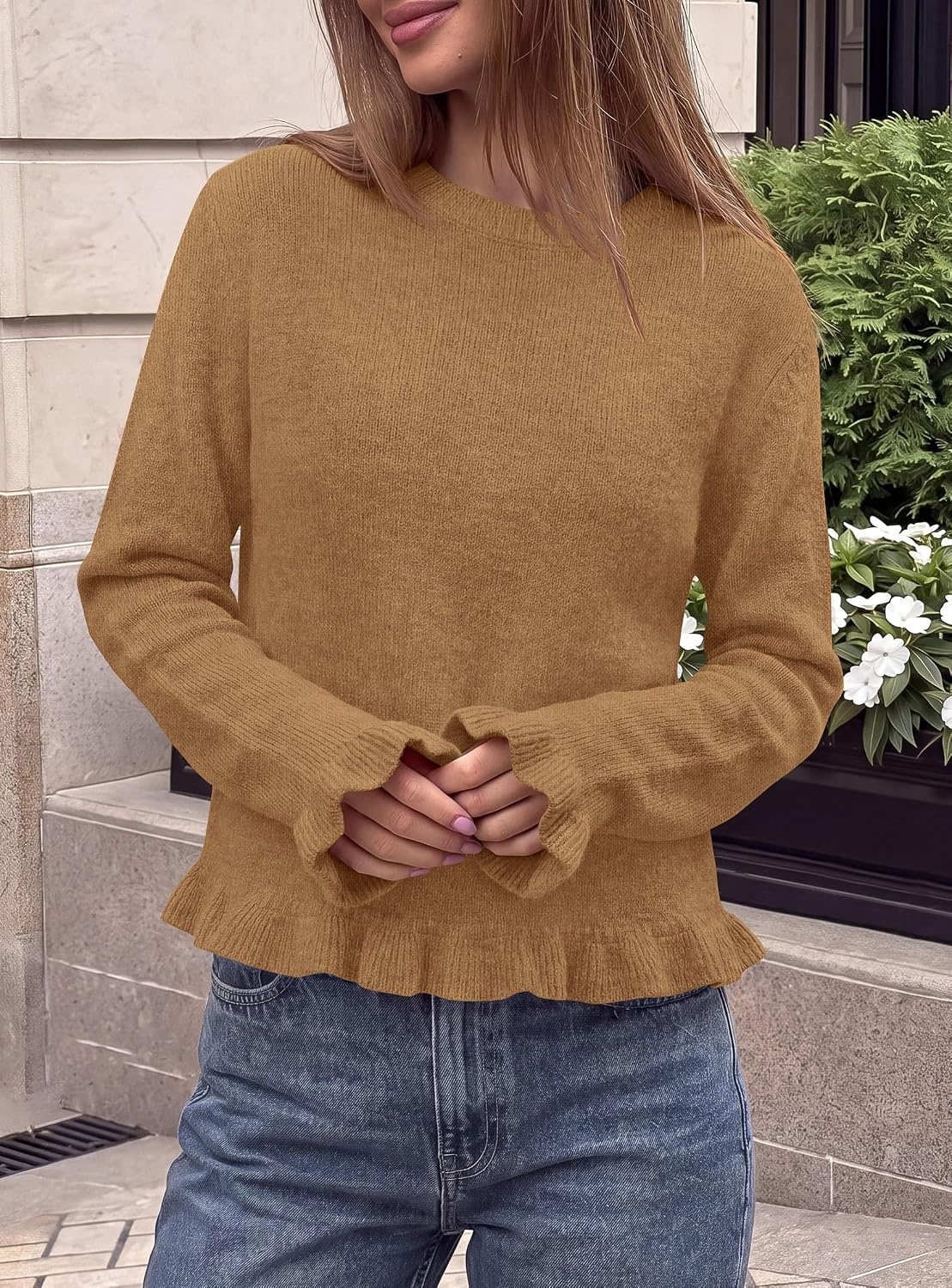 image:imagePRETTYGARDEN Womens Ruffle Sweaters Fall Fashion Cozy Knit PulloverKhaki