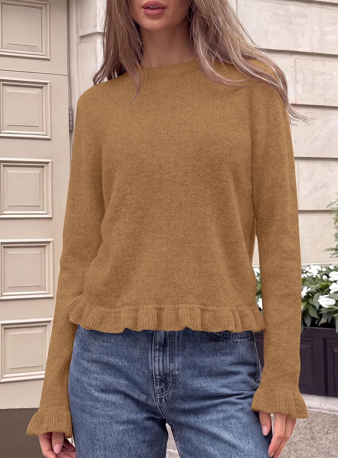 image:imagePRETTYGARDEN Womens Ruffle Sweaters Fall Fashion Cozy Knit PulloverKhaki