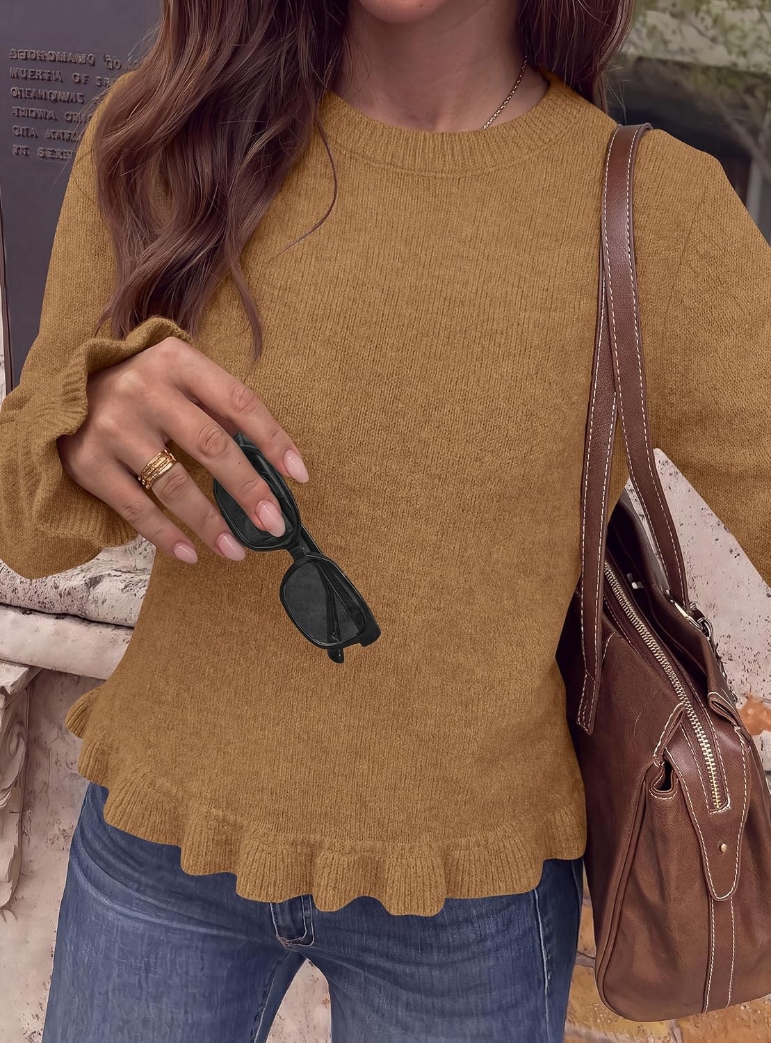 image:imagePRETTYGARDEN Womens Ruffle Sweaters Fall Fashion Cozy Knit PulloverKhaki