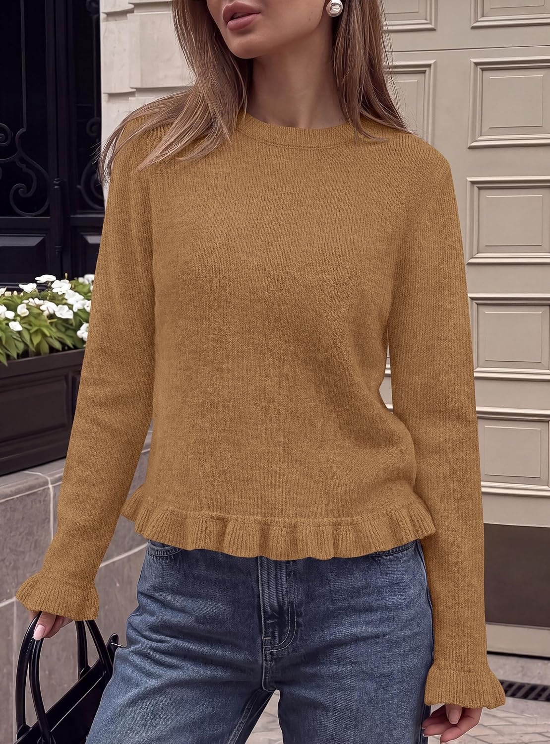 image:imagePRETTYGARDEN Womens Ruffle Sweaters Fall Fashion Cozy Knit PulloverKhaki