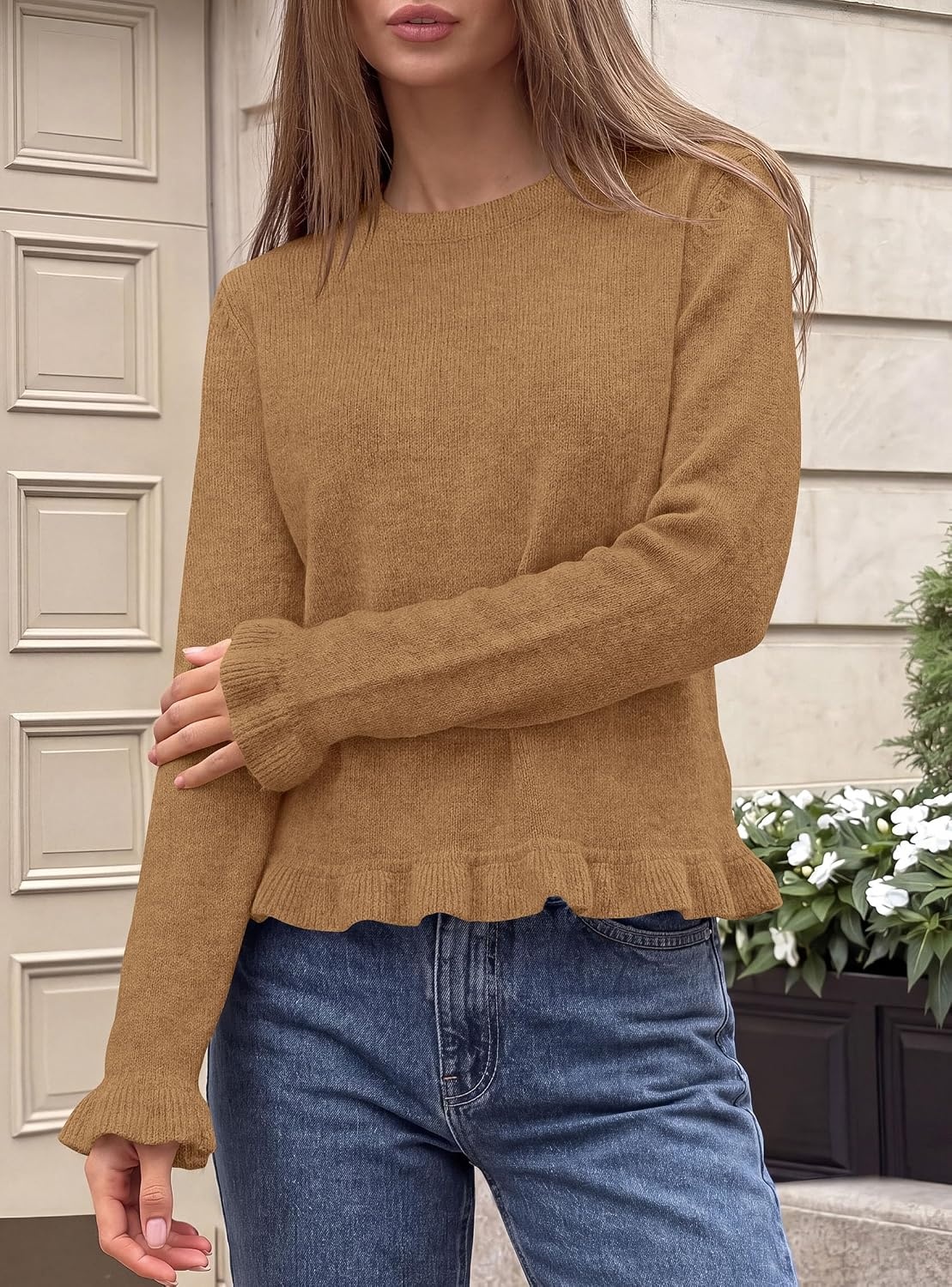 image:imagePRETTYGARDEN Womens Ruffle Sweaters Fall Fashion Cozy Knit PulloverKhaki