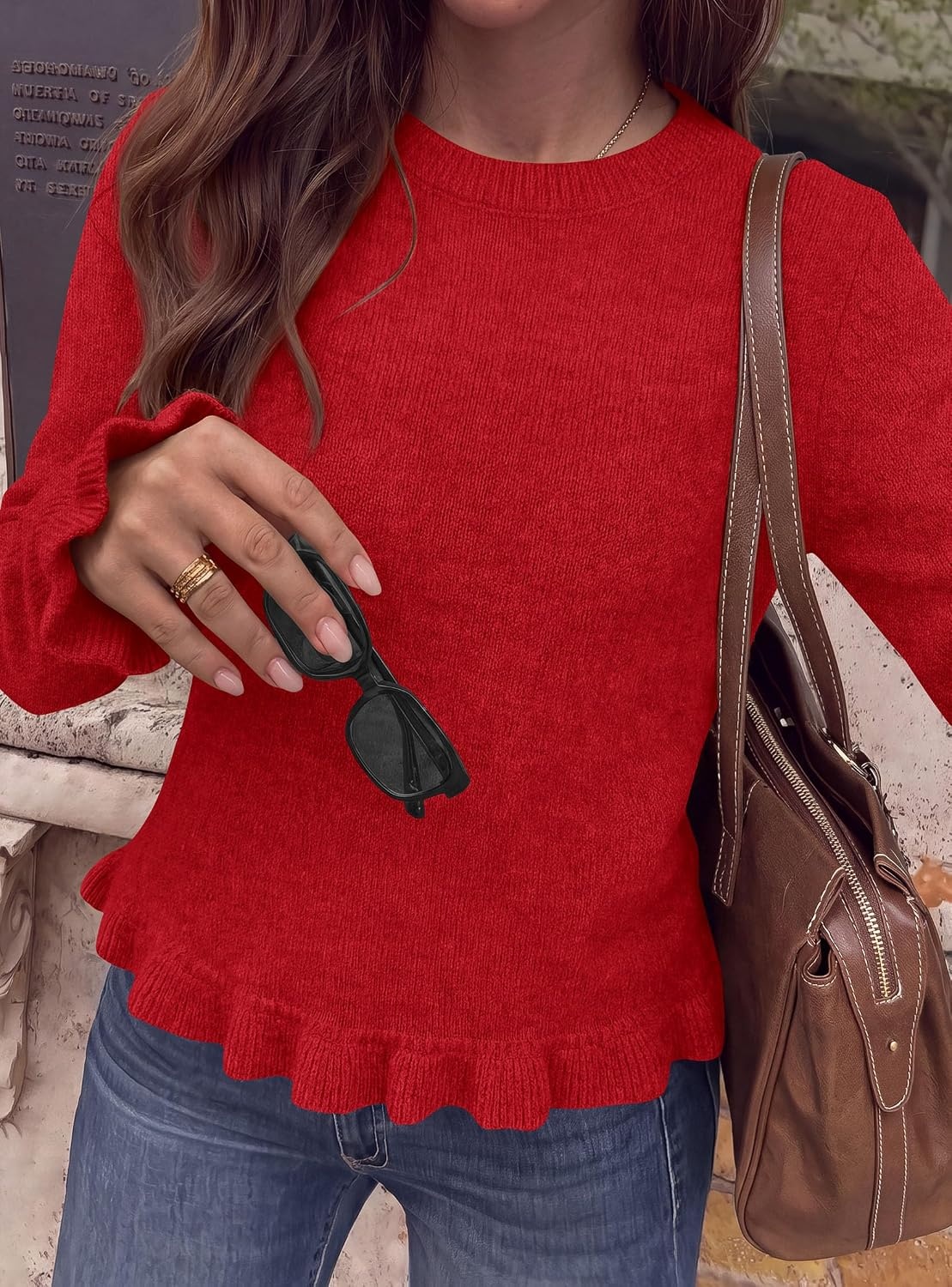 image:imagePRETTYGARDEN Womens Ruffle Sweaters Fall Fashion Cozy Knit PulloverRed