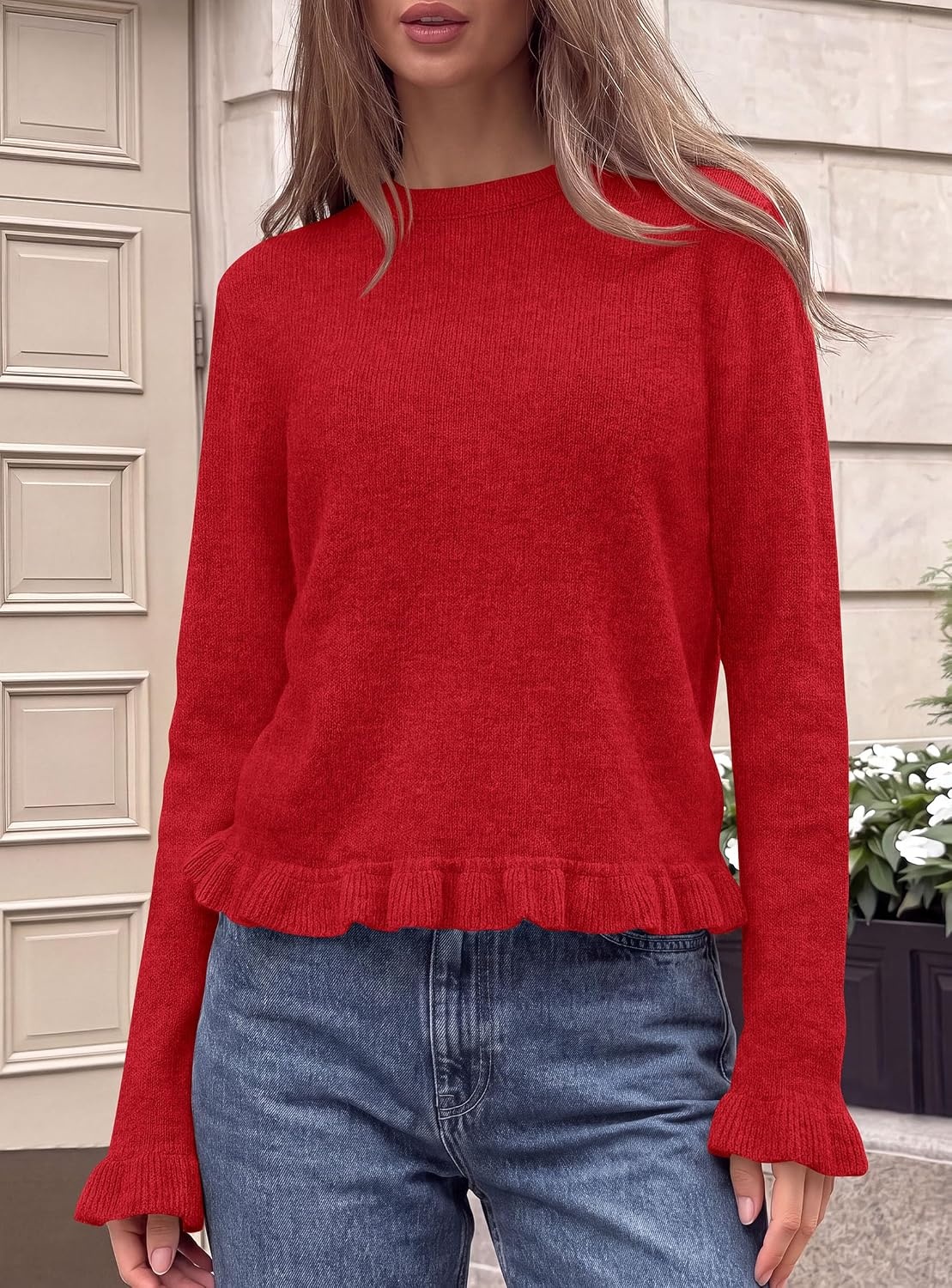 image:imagePRETTYGARDEN Womens Ruffle Sweaters Fall Fashion Cozy Knit PulloverRed