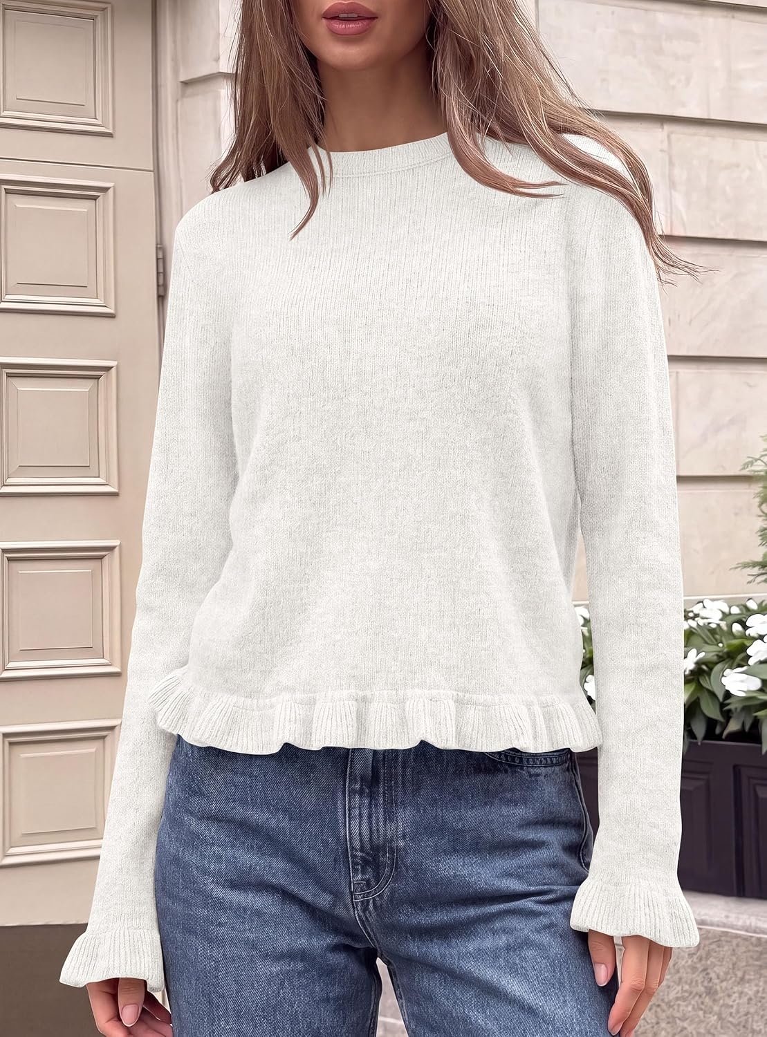 image:imagePRETTYGARDEN Womens Ruffle Sweaters Fall Fashion Cozy Knit PulloverWhite