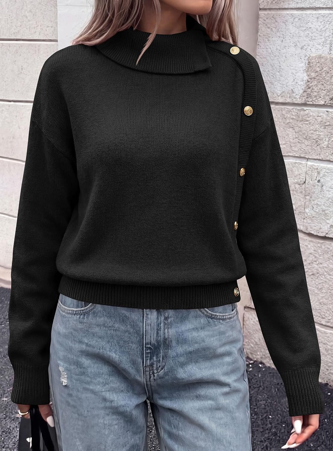 image:imagePRETTYGARDEN Womens Turtleneck Sweater Pullover Side Button Fall ClothesBlack