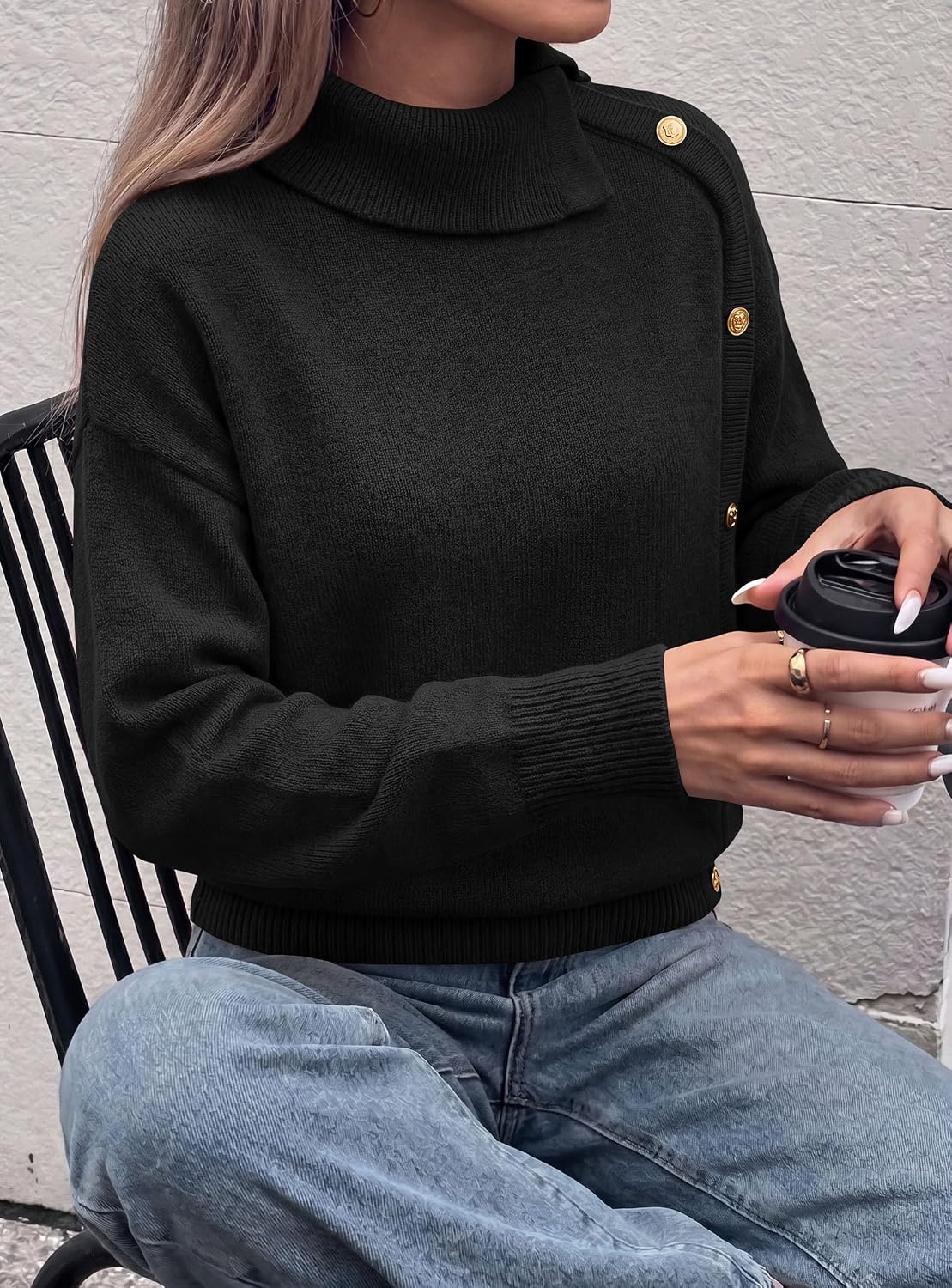 image:imagePRETTYGARDEN Womens Turtleneck Sweater Pullover Side Button Fall ClothesBlack