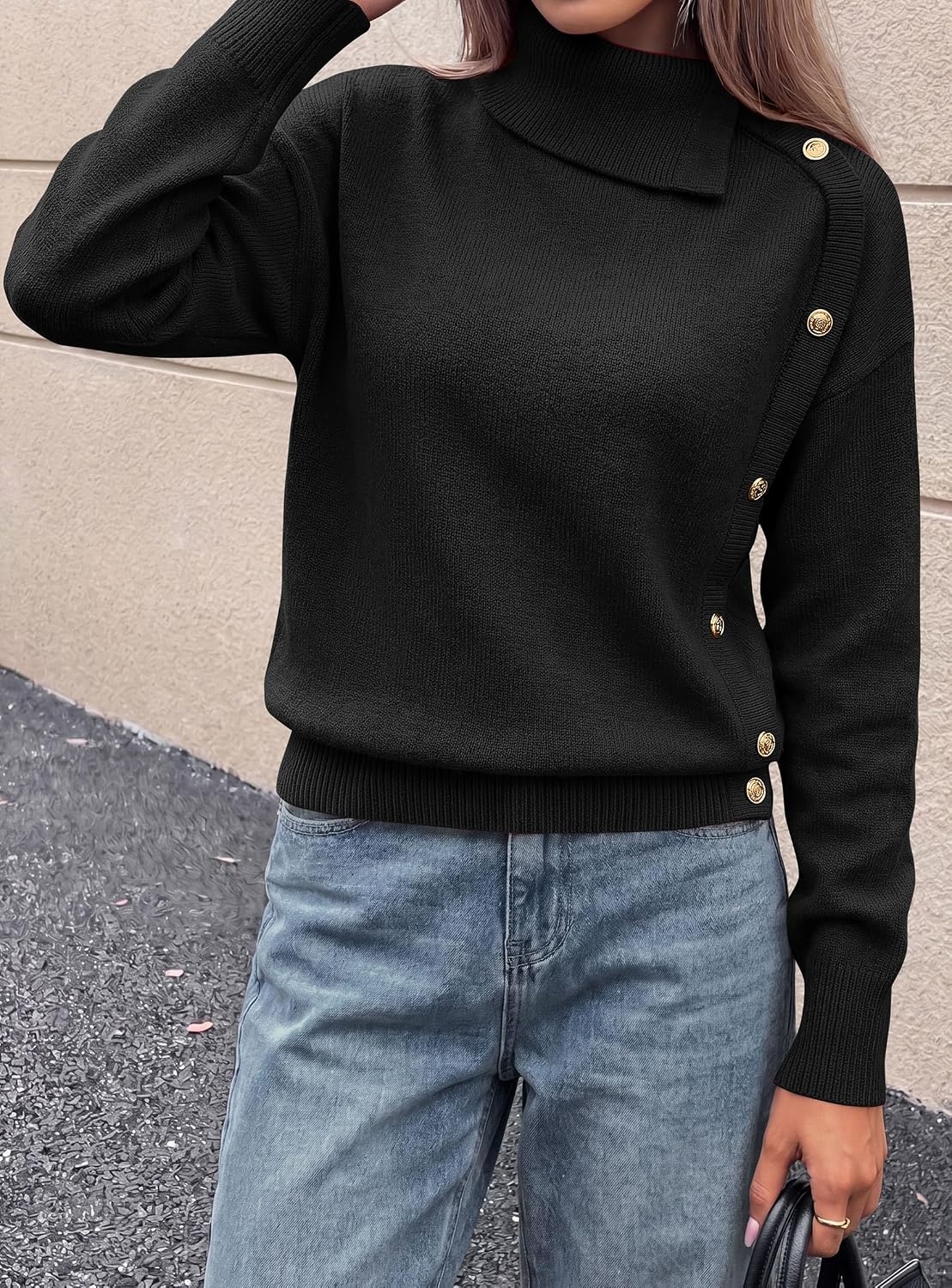 image:imagePRETTYGARDEN Womens Turtleneck Sweater Pullover Side Button Fall ClothesBlack