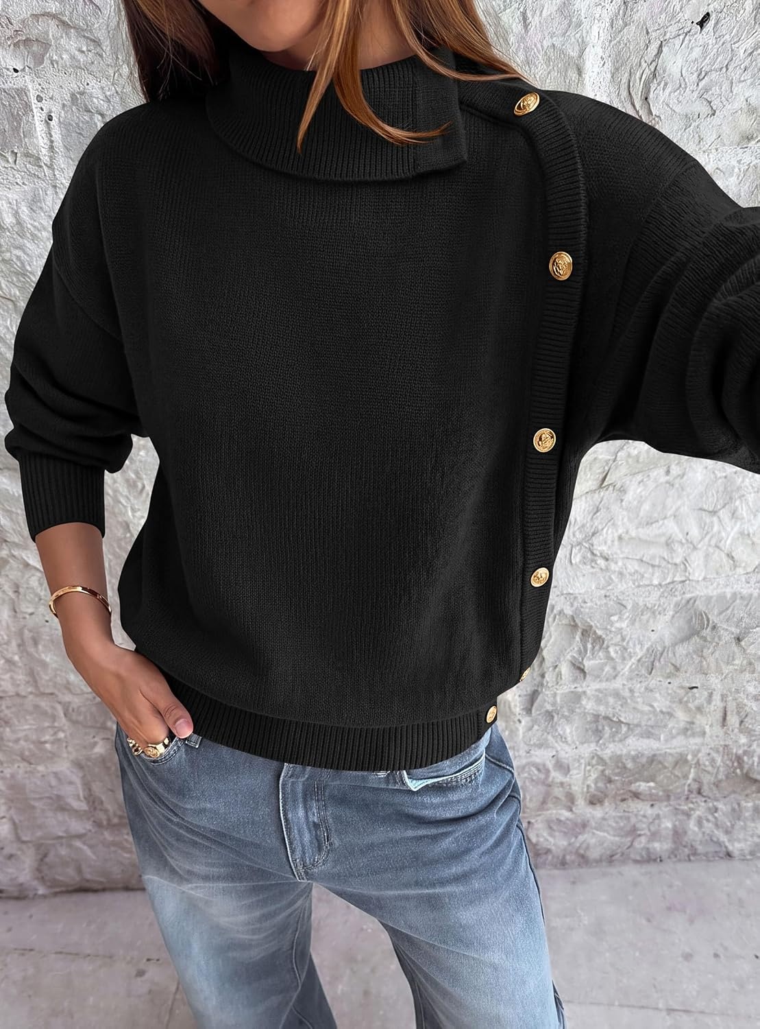 image:imagePRETTYGARDEN Womens Turtleneck Sweater Pullover Side Button Fall ClothesBlack