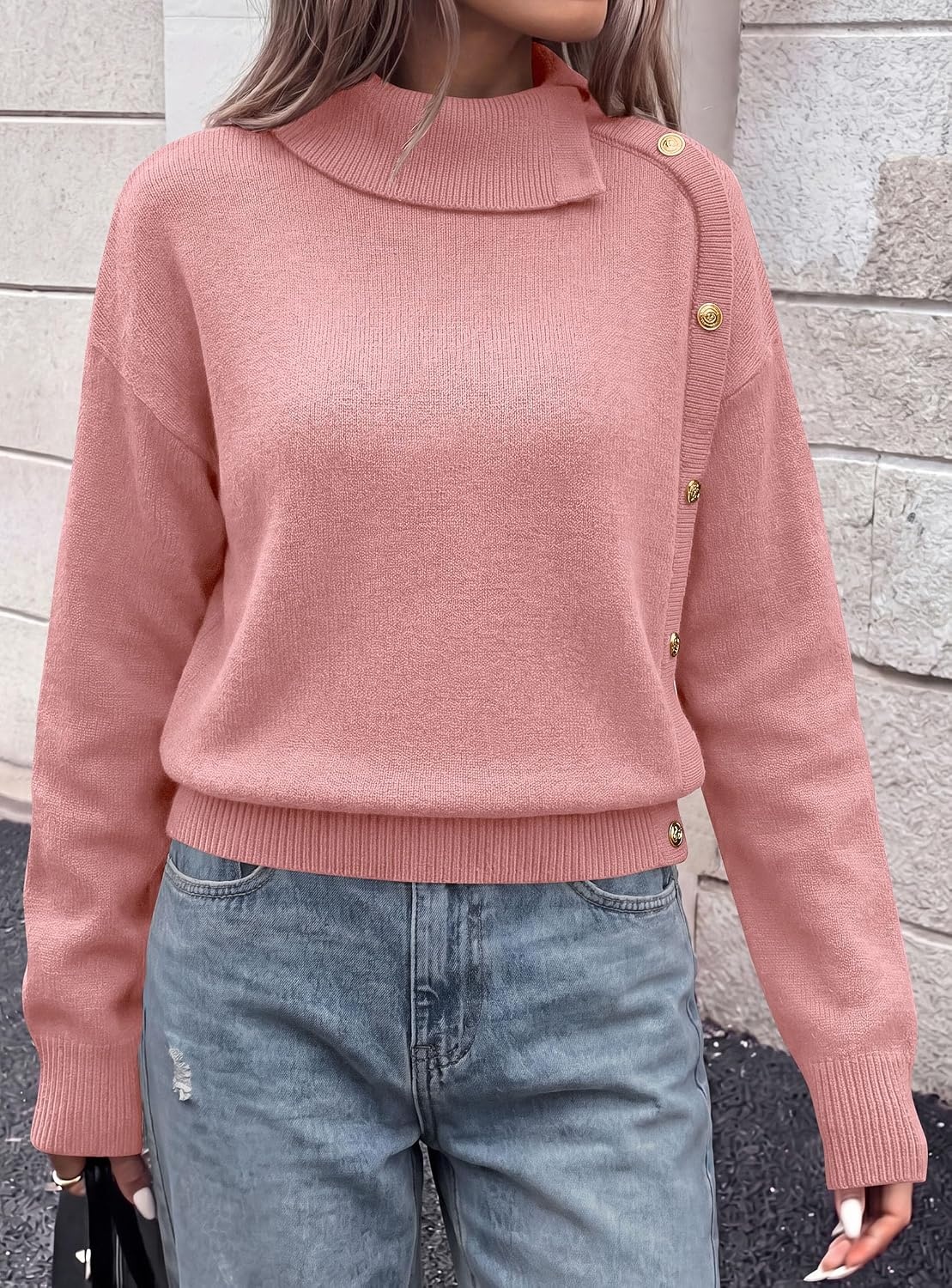 image:imagePRETTYGARDEN Womens Turtleneck Sweater Pullover Side Button Fall ClothesPink
