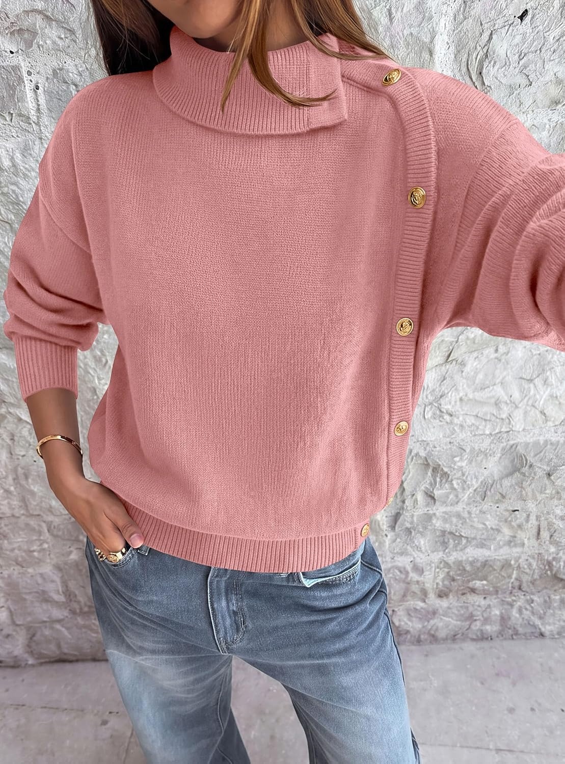 image:imagePRETTYGARDEN Womens Turtleneck Sweater Pullover Side Button Fall ClothesPink