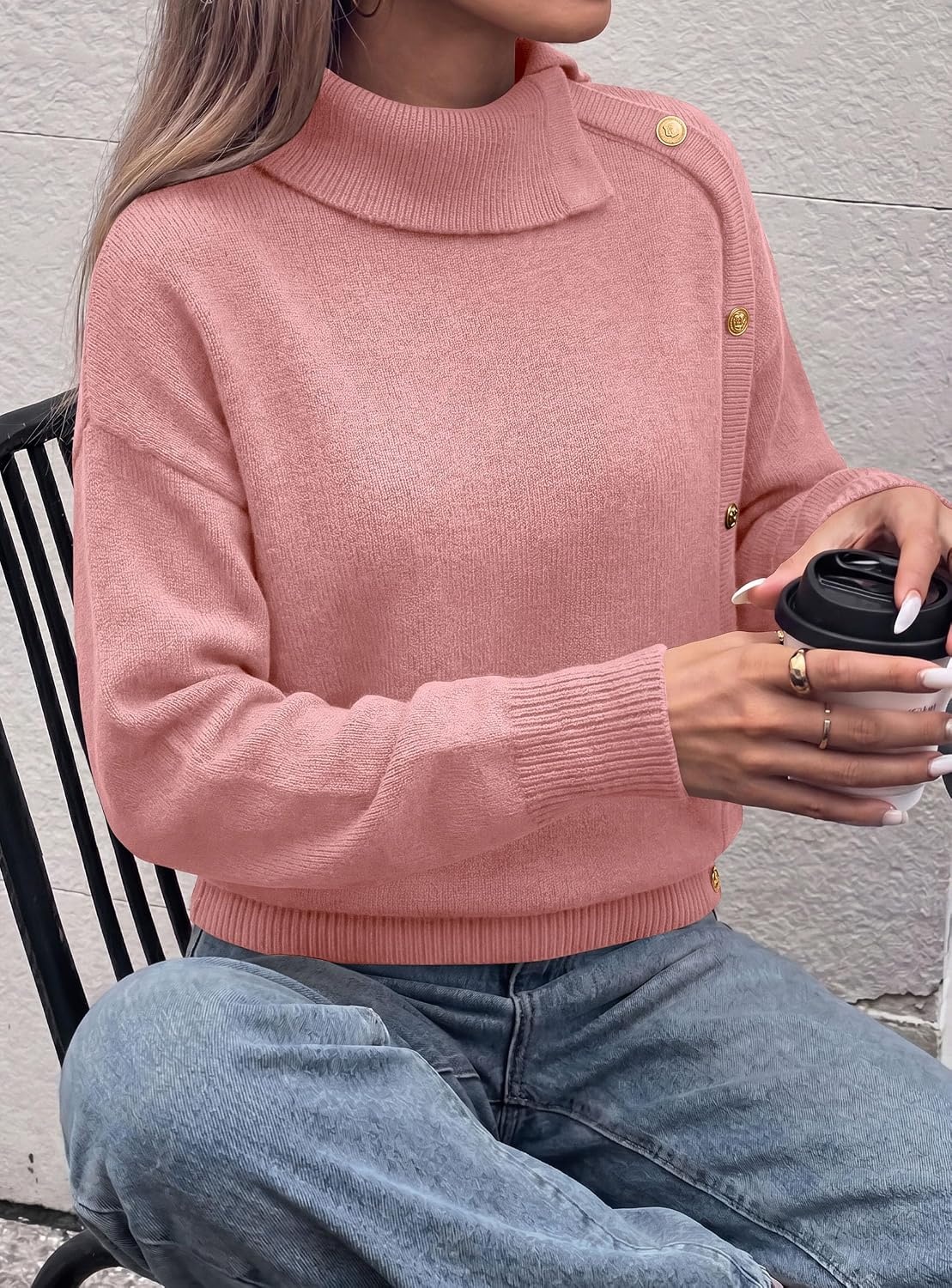 image:imagePRETTYGARDEN Womens Turtleneck Sweater Pullover Side Button Fall ClothesPink