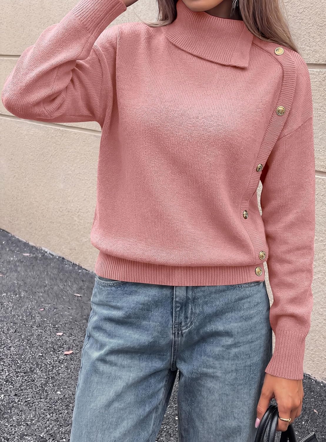 image:imagePRETTYGARDEN Womens Turtleneck Sweater Pullover Side Button Fall ClothesPink