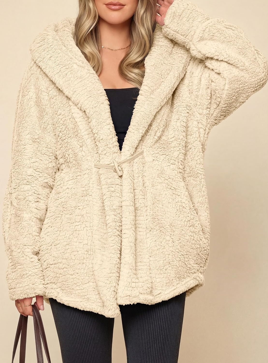 image:imagePRETTYGARDEN Womens Winter Warm Coats Hooded Faux Fur Sherpa JacketBeige