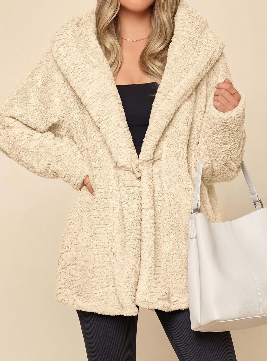 image:imagePRETTYGARDEN Womens Winter Warm Coats Hooded Faux Fur Sherpa JacketBeige