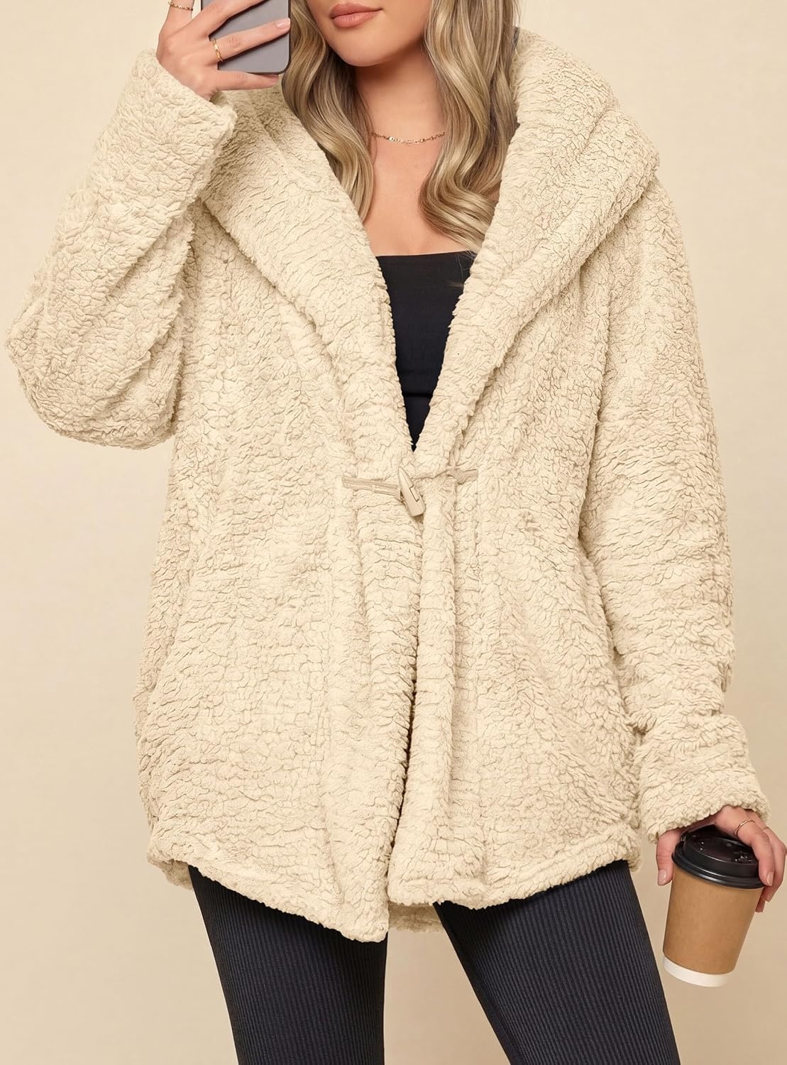 image:imagePRETTYGARDEN Womens Winter Warm Coats Hooded Faux Fur Sherpa JacketBeige