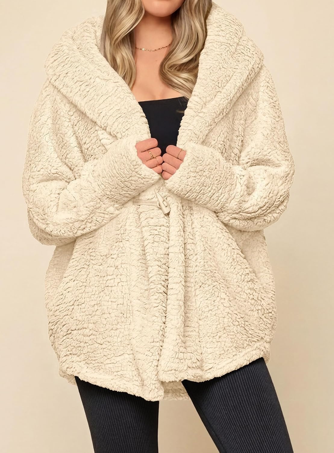 image:imagePRETTYGARDEN Womens Winter Warm Coats Hooded Faux Fur Sherpa JacketBeige