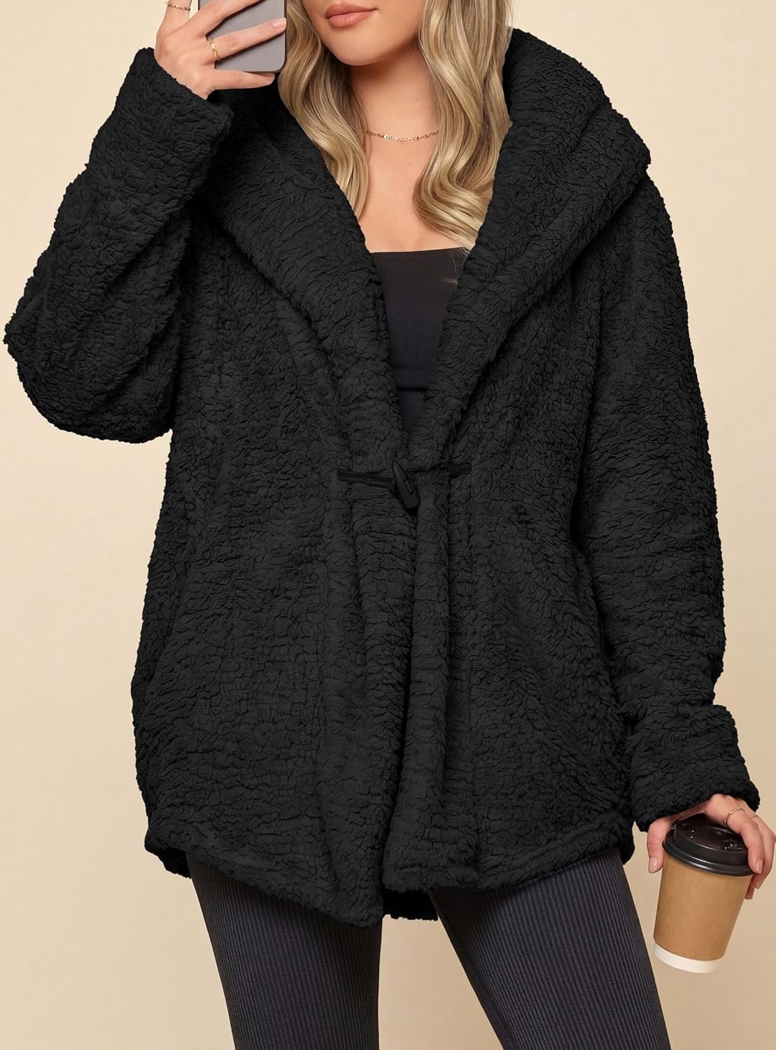 image:imagePRETTYGARDEN Womens Winter Warm Coats Hooded Faux Fur Sherpa JacketBlack