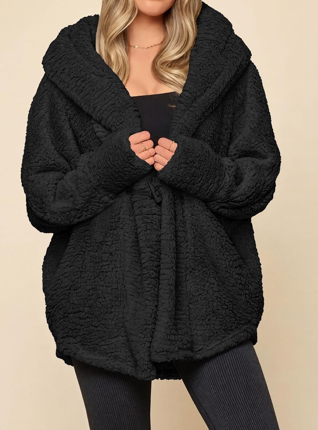 image:imagePRETTYGARDEN Womens Winter Warm Coats Hooded Faux Fur Sherpa JacketBlack