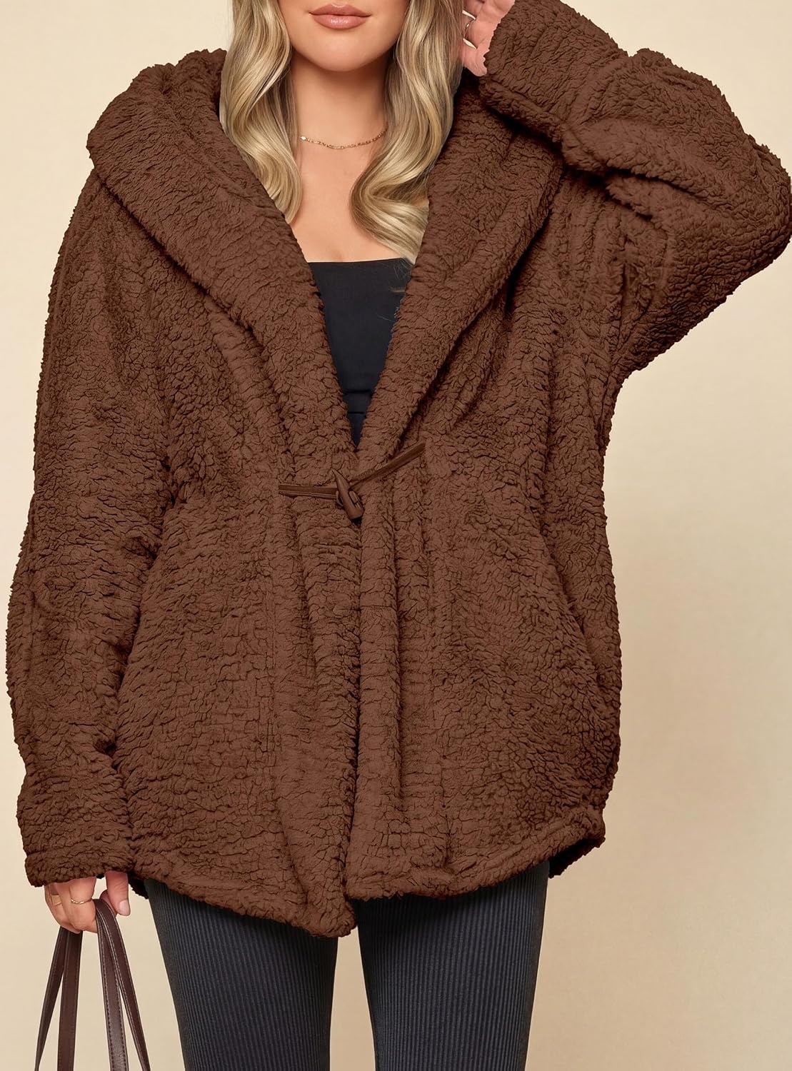 image:imagePRETTYGARDEN Womens Winter Warm Coats Hooded Faux Fur Sherpa JacketBrown