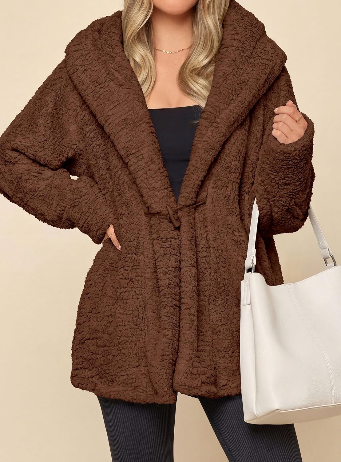 image:imagePRETTYGARDEN Womens Winter Warm Coats Hooded Faux Fur Sherpa JacketBrown