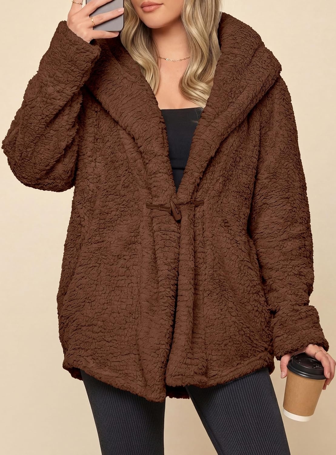 image:imagePRETTYGARDEN Womens Winter Warm Coats Hooded Faux Fur Sherpa JacketBrown