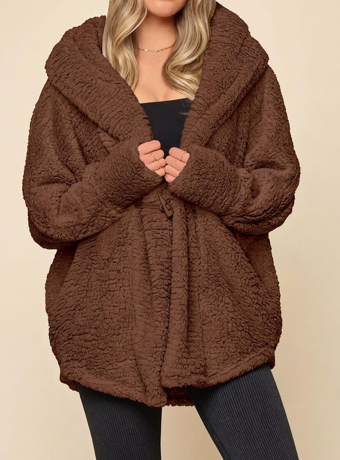 image:imagePRETTYGARDEN Womens Winter Warm Coats Hooded Faux Fur Sherpa JacketBrown