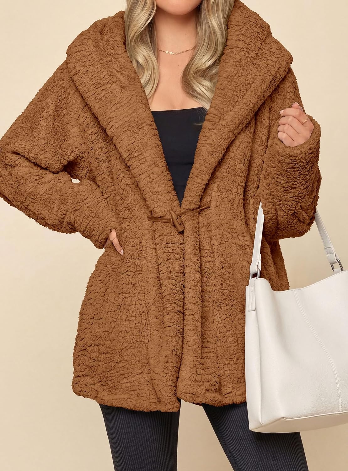 image:imagePRETTYGARDEN Womens Winter Warm Coats Hooded Faux Fur Sherpa JacketGolden Camel