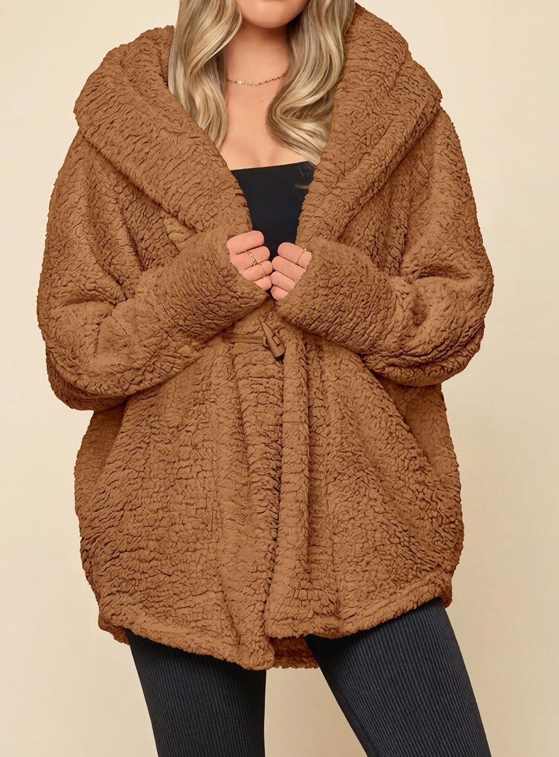 image:imagePRETTYGARDEN Womens Winter Warm Coats Hooded Faux Fur Sherpa JacketGolden Camel