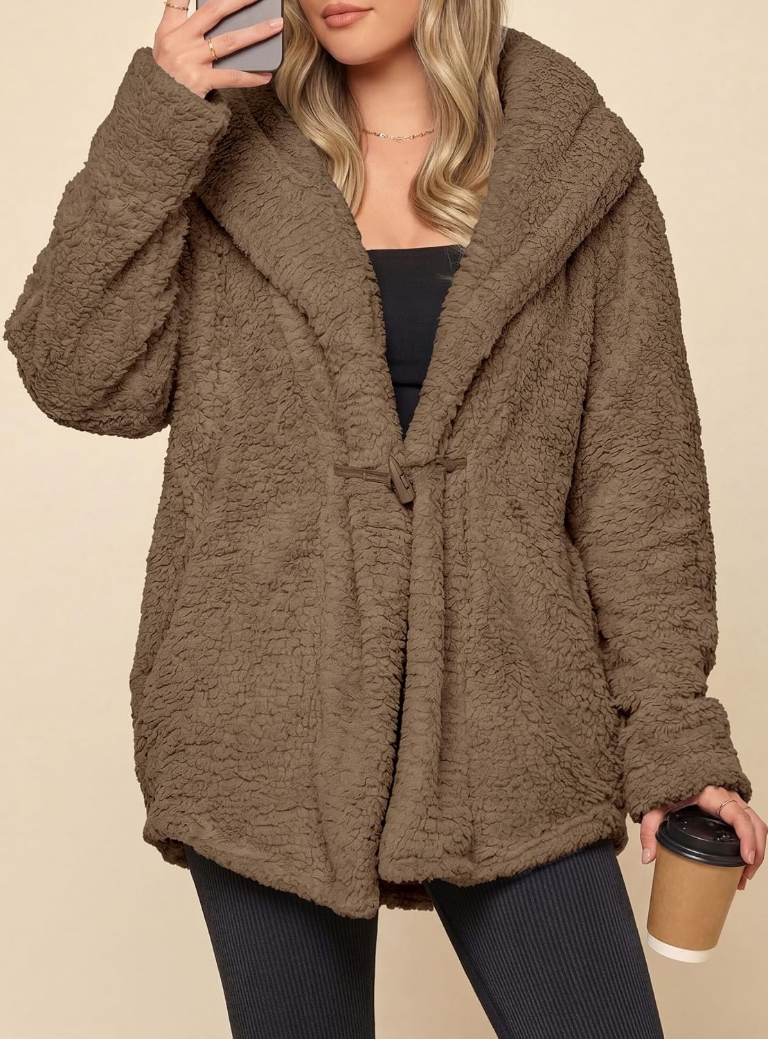 image:imagePRETTYGARDEN Womens Winter Warm Coats Hooded Faux Fur Sherpa JacketKhaki
