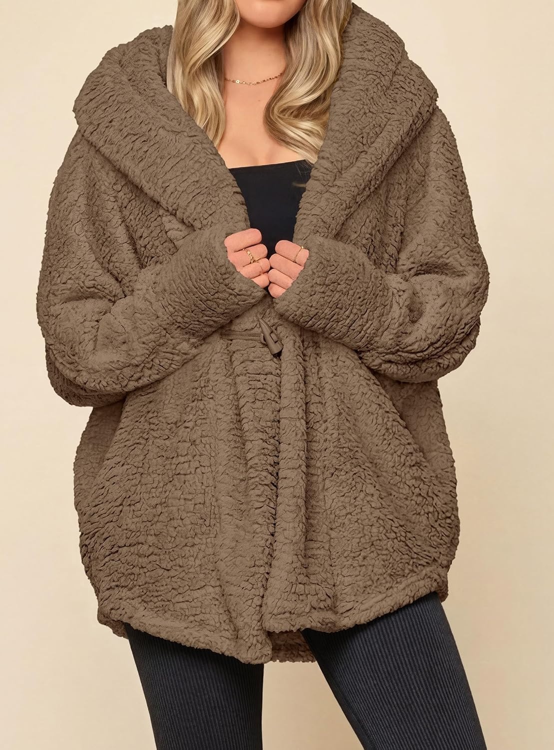 image:imagePRETTYGARDEN Womens Winter Warm Coats Hooded Faux Fur Sherpa JacketKhaki