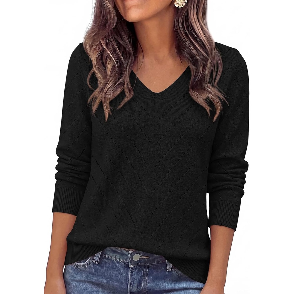 image:imagePRETTYGARDEN Long Sleeve V Neck Hollow Out Pullover Sweaters for WomenBlack