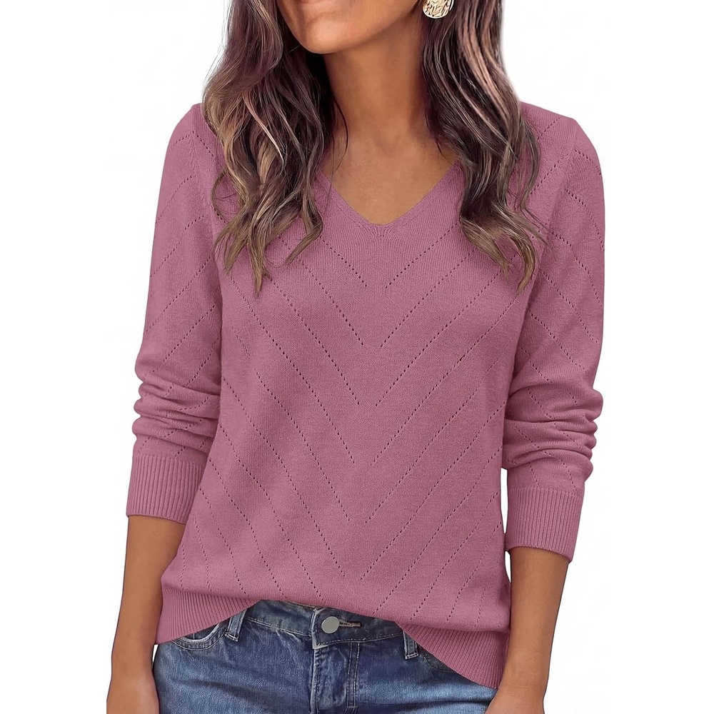 image:imagePRETTYGARDEN Long Sleeve V Neck Hollow Out Pullover Sweaters for WomenPurple