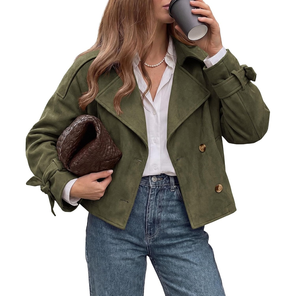 image:imagePRETTYGARDEN Women Faux Suede Double Breasted Trench Coat Cropped JacketsArmy Green