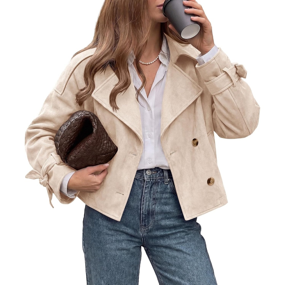 image:imagePRETTYGARDEN Women Faux Suede Double Breasted Trench Coat Cropped JacketsBeige