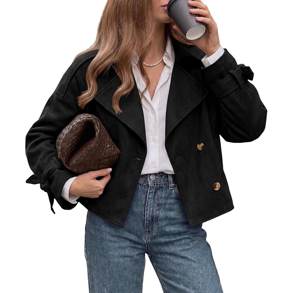 image:imagePRETTYGARDEN Women Faux Suede Double Breasted Trench Coat Cropped JacketsBlack