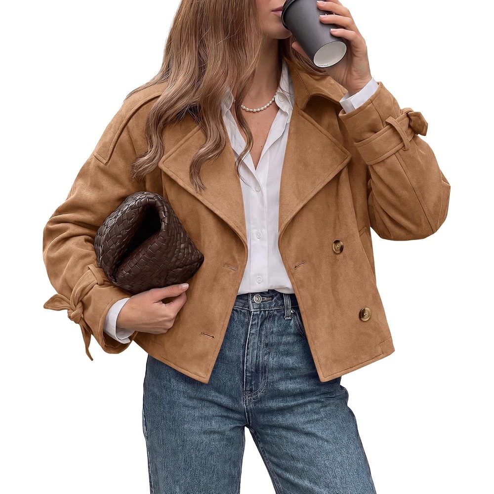 image:imagePRETTYGARDEN Women Faux Suede Double Breasted Trench Coat Cropped JacketsCamel