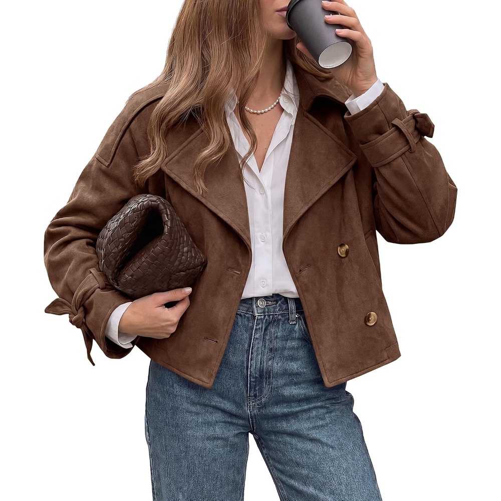 image:imagePRETTYGARDEN Women Faux Suede Double Breasted Trench Coat Cropped JacketsCoffee
