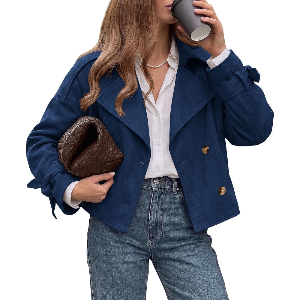 image:imagePRETTYGARDEN Women Faux Suede Double Breasted Trench Coat Cropped JacketsNavy Blue