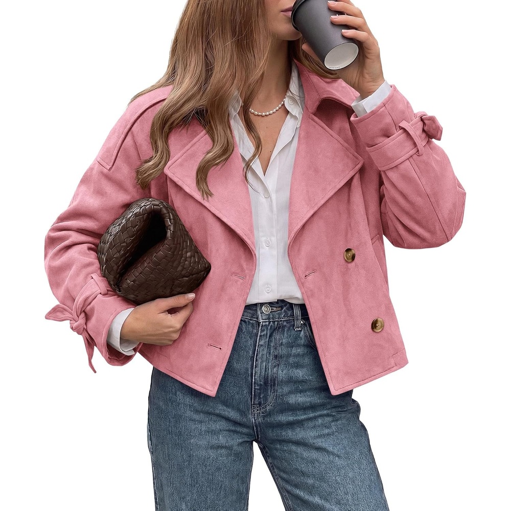 image:imagePRETTYGARDEN Women Faux Suede Double Breasted Trench Coat Cropped JacketsPink
