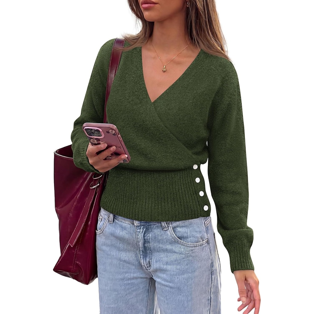 image:imagePRETTYGARDEN Women V Neck Wrap Sweater Cropped TopsArmy Green