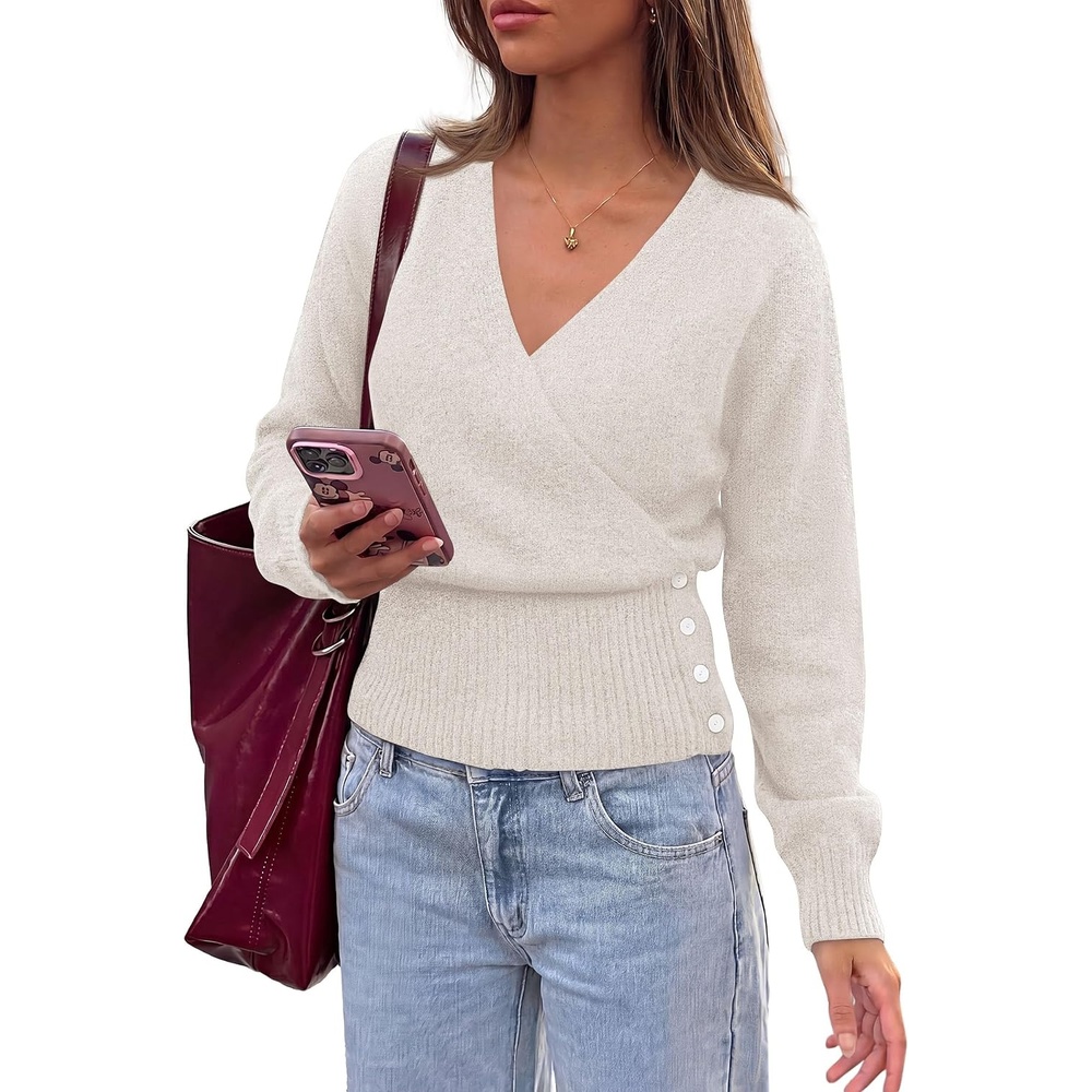 image:imagePRETTYGARDEN Women V Neck Wrap Sweater Cropped TopsBeige
