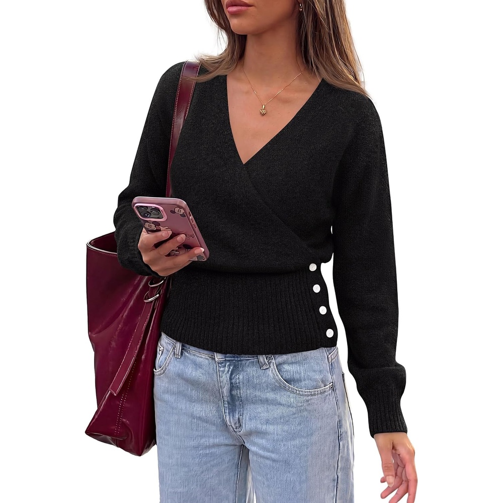 image:imagePRETTYGARDEN Women V Neck Wrap Sweater Cropped TopsBlack
