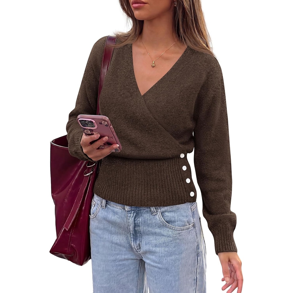 image:imagePRETTYGARDEN Women V Neck Wrap Sweater Cropped TopsBrown