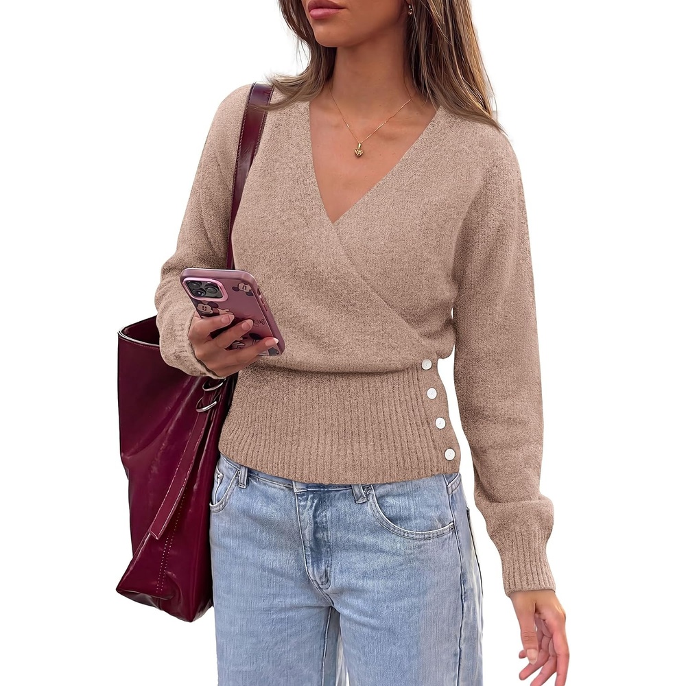 image:imagePRETTYGARDEN Women V Neck Wrap Sweater Cropped TopsKhaki